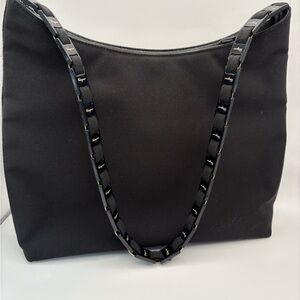 Salvatore Ferragamo Vara Gancini Chain Linked Black Canvas Shoulder Bag.